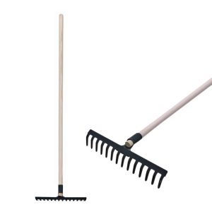 Kerti gereblye, R105, fekete, 14 fogú, acél fej, fa nyél, 35 cm munkaszélesség, 180 cm nyél