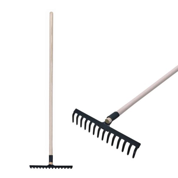 Kerti gereblye, R105, fekete, 14 fogú, acél fej, fa nyél, 35 cm munkaszélesség, 180 cm nyél