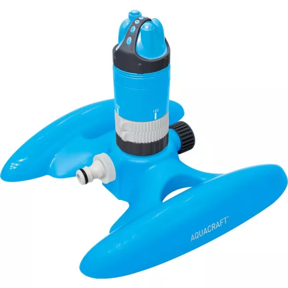 Kerti locsolófej, Aquacraft 270150 Prémium, kék, forgó 360°, 5 permetezési mód, állítható szektorszórás, maximum 315 m2 öntözési terület