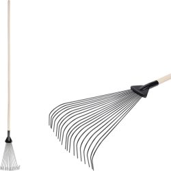   Lombseprű, gereblye, Strend Pro Garden, fekete, 18 fogú, acél fej, fa nyél, 22,5 cm munkaszélesség, 200 cm nyél