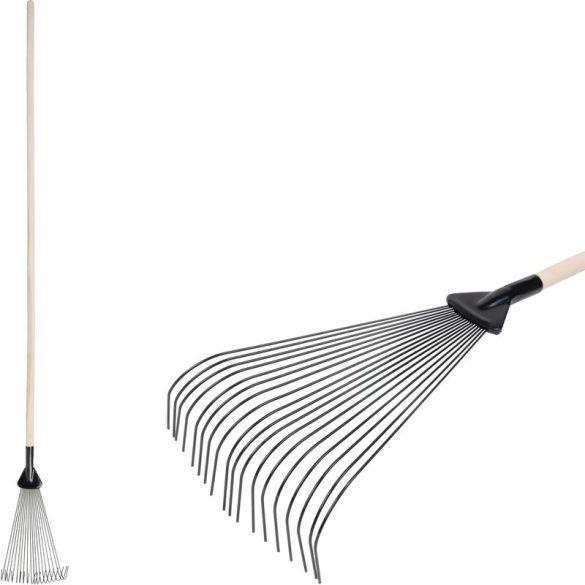 Lombseprű, gereblye, Strend Pro Garden, fekete, 18 fogú, acél fej, fa nyél, 22,5 cm munkaszélesség, 200 cm nyél