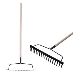   Kerti gereblye, Strend Pro Garden R101, fekete, 18 fogú, acél fej, fa nyél, 44 cm munkaszélesség, 165 cm nyél