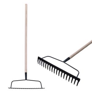 Kerti gereblye, Strend Pro Garden R101, fekete, 18 fogú, acél fej, fa nyél, 44 cm munkaszélesség, 165 cm nyél