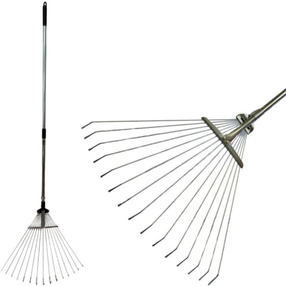 Lombseprű, gereblye, Strend Pro Garden R120, fekete/szürke, 15 fogú, acél fej, fém nyél, 19-45 cm munkaszélesség, 78–158 cm nyél, állítható szélesség, teleszkópos nyél