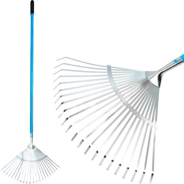 Lombseprű, gereblye, Aquacraft 380352, ezüst/kék/fekete, 22 fogú, acél fej, alumínium nyél, 46 cm munkaszélesség, 158 cm nyél