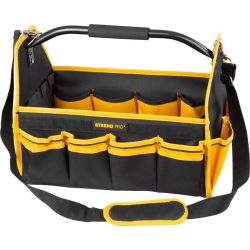   Szerszámos táska, Strend Pro, 45 × 28 × 33 cm, fekete/sárga, textil, nehéz szerszámokhoz, oldalzsebekkel, rögzíthető vállpánttal, 20 kg teherbírás