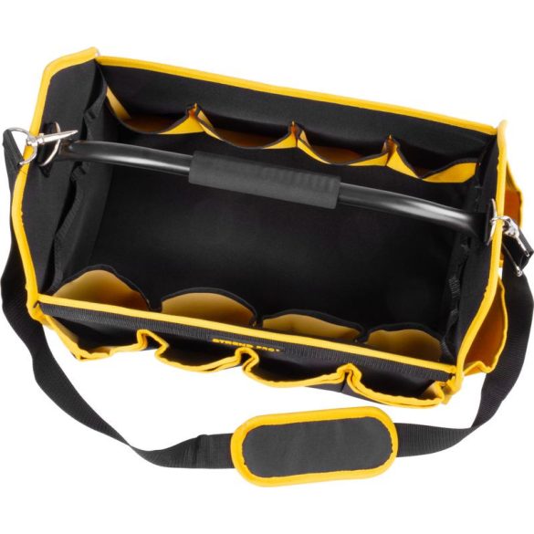 Szerszámos táska, Strend Pro, 45 × 28 × 33 cm, fekete/sárga, textil, nehéz szerszámokhoz, oldalzsebekkel, rögzíthető vállpánttal, 20 kg teherbírás