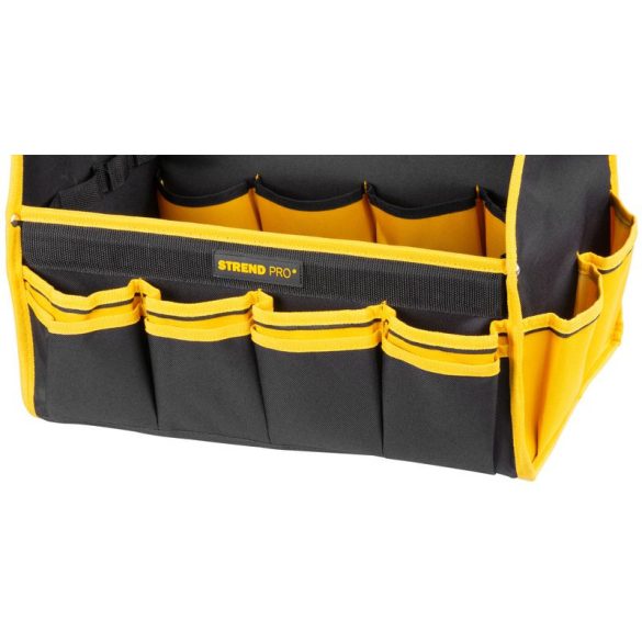 Szerszámos táska, Strend Pro, 45 × 28 × 33 cm, fekete/sárga, textil, nehéz szerszámokhoz, oldalzsebekkel, rögzíthető vállpánttal, 20 kg teherbírás