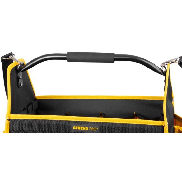 Szerszámos táska, Strend Pro, 45 × 28 × 33 cm, fekete/sárga, textil, nehéz szerszámokhoz, oldalzsebekkel, rögzíthető vállpánttal, 20 kg teherbírás