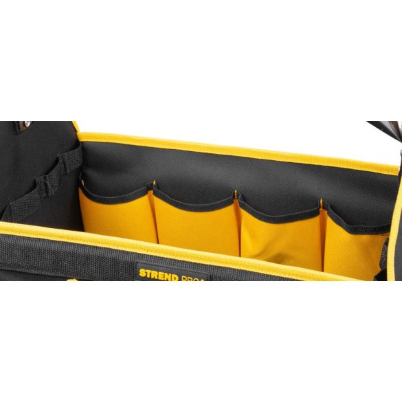 Szerszámos táska, Strend Pro, 45 × 28 × 33 cm, fekete/sárga, textil, nehéz szerszámokhoz, oldalzsebekkel, rögzíthető vállpánttal, 20 kg teherbírás