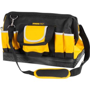 Szerszámos táska, Strend Pro, 44 x 25 x 24 cm, fekete/sárga, cipzáras, gumírozott alj, vállpánttal, nehéz szerszámokhoz, 20 kg teherbírás
