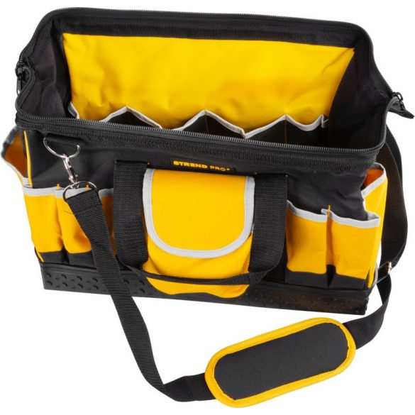 Szerszámos táska, Strend Pro, 44 x 25 x 24 cm, fekete/sárga, cipzáras, gumírozott alj, vállpánttal, nehéz szerszámokhoz, 20 kg teherbírás