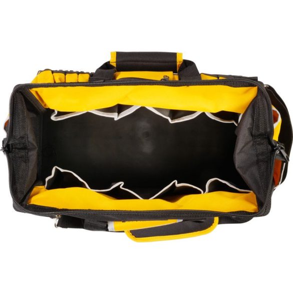 Szerszámos táska, Strend Pro, 44 x 25 x 24 cm, fekete/sárga, cipzáras, gumírozott alj, vállpánttal, nehéz szerszámokhoz, 20 kg teherbírás
