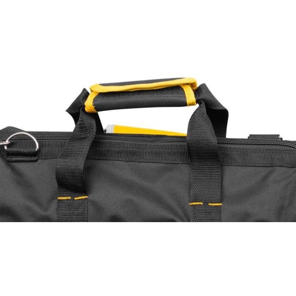 Szerszámos táska, Strend Pro, 44 x 25 x 24 cm, fekete/sárga, cipzáras, gumírozott alj, vállpánttal, nehéz szerszámokhoz, 20 kg teherbírás