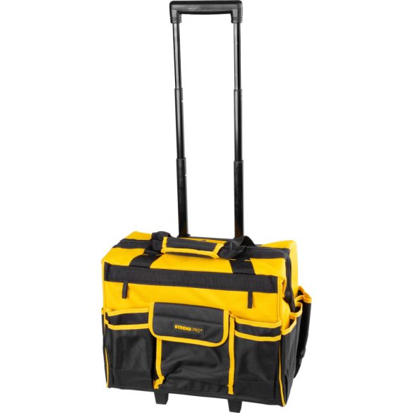 Szerszámos táska, Strend Pro, 44 x 24 x 42 cm, fekete/sárga, textil, kerekekkel, teleszkópos fogantyúval, cipzáras, 20 kg teherbírás