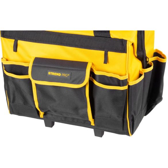 Szerszámos táska, Strend Pro, 44 x 24 x 42 cm, fekete/sárga, textil, kerekekkel, teleszkópos fogantyúval, cipzáras, 20 kg teherbírás
