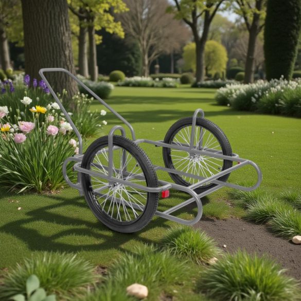 Kétkerekű kocsi, szürke, 240 kg teherbírás, 60 cm átmérőjű kerekek, acélcső váz, fémküllős felnik, gumiabroncsos kerekek