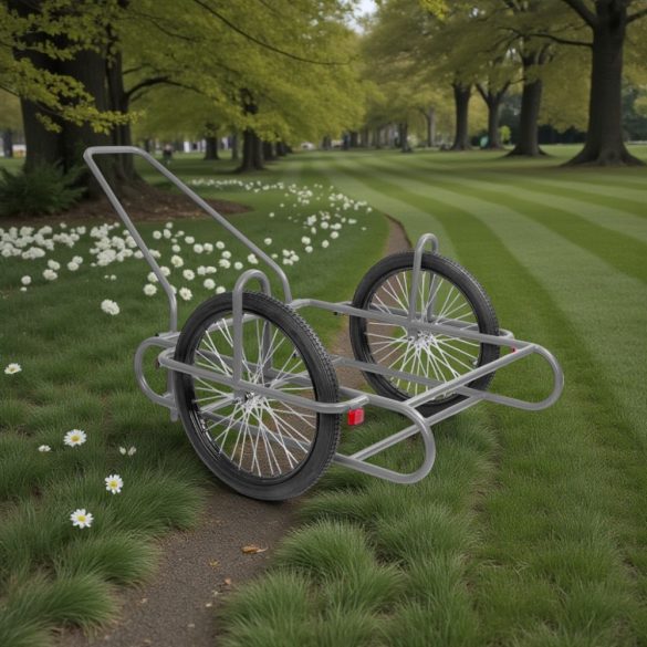 Kétkerekű kocsi, szürke, 240 kg teherbírás, 60 cm átmérőjű kerekek, acélcső váz, fémküllős felnik, gumiabroncsos kerekek