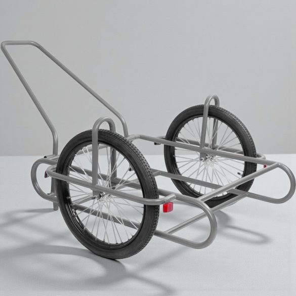 Kétkerekű kocsi, szürke, 240 kg teherbírás, 60 cm átmérőjű kerekek, acélcső váz, fémküllős felnik, gumiabroncsos kerekek