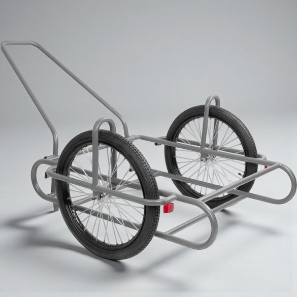 Kétkerekű kocsi, szürke, 240 kg teherbírás, 60 cm átmérőjű kerekek, acélcső váz, fémküllős felnik, gumiabroncsos kerekek