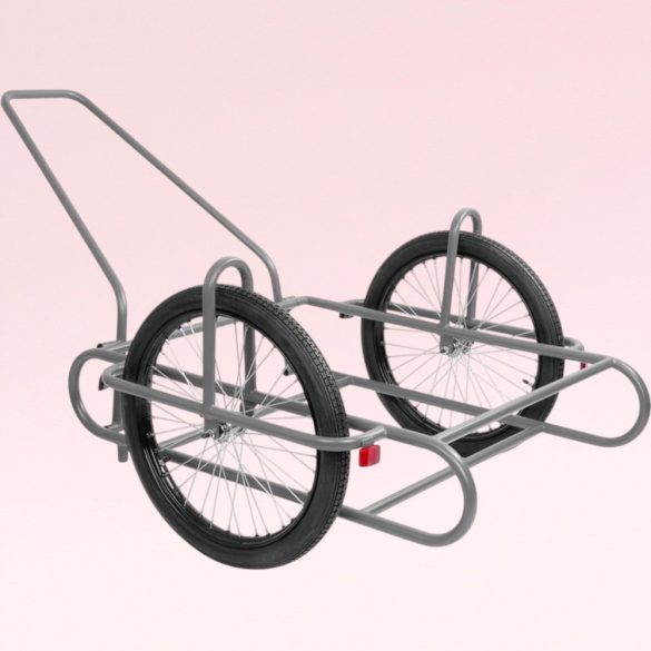Kétkerekű kocsi, szürke, 240 kg teherbírás, 60 cm átmérőjű kerekek, acélcső váz, fémküllős felnik, gumiabroncsos kerekek