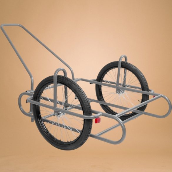 Kétkerekű kocsi, szürke, 240 kg teherbírás, 60 cm átmérőjű kerekek, acélcső váz, fémküllős felnik, gumiabroncsos kerekek