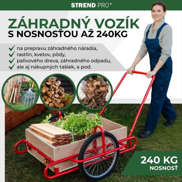 Kétkerekű kocsi, Strend Pro Optimus, piros, 90 × 63 × 25 cm, 240 kg teherbírás, fa testtel