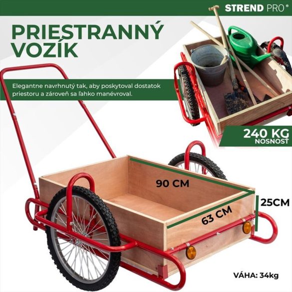 Kétkerekű kocsi, Strend Pro Optimus, piros, 90 × 63 × 25 cm, 240 kg teherbírás, fa testtel