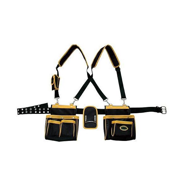 Szerszámtartó övtáska, Strend Pro TB-1019, 47 × 29,5 × 25 cm, fekete/sárga, textil, cipzáras, vállpánttal, övre fűzhető