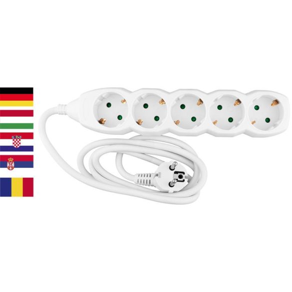 Hosszabbítós elosztó, Strend Pro DG-805B, 1,5 m, fehér, 5 aljzat, Schuko típus, gyermekzáras