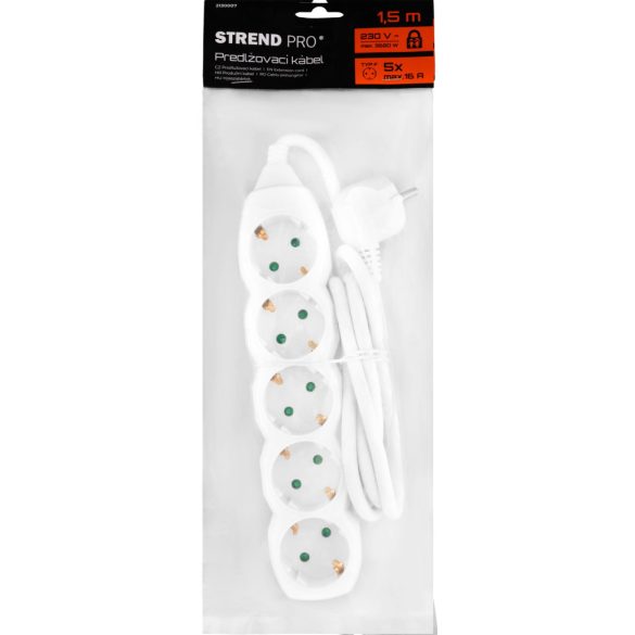 Hosszabbítós elosztó, Strend Pro DG-805B, 1,5 m, fehér, 5 aljzat, Schuko típus, gyermekzáras