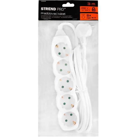 Hosszabbítós elosztó, Strend Pro DG-805B, 3 m, fehér, 5 aljzat, Schuko típus, gyermekzáras