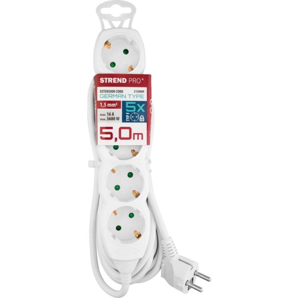 Hosszabbítós elosztó, Strend Pro DG-805B, 0,5 m, fehér, 5 aljzat, Schuko típus, gyermekzáras