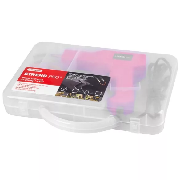 Elektromos műanyaghegesztő pisztoly, Strend Pro, piros, 43 W, 200 db kapoccsal, fogóval és letörő késsel, műanyag hordtáskában