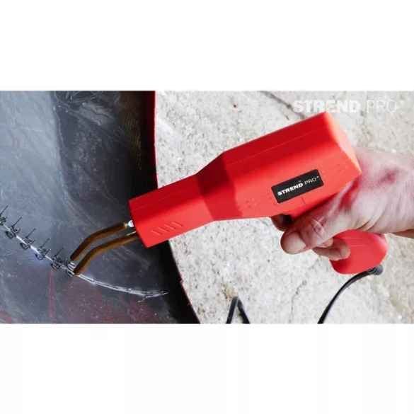 Elektromos műanyaghegesztő pisztoly, Strend Pro, piros, 43 W, 200 db kapoccsal, fogóval és letörő késsel, műanyag hordtáskában