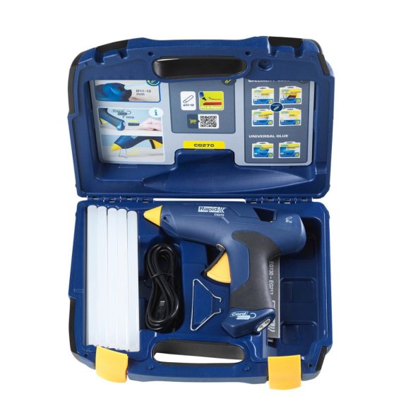 Ragasztópisztoly, Rapid, CG270, vezeték nélküli üzemmód (akár 7 perc), 10 db ragasztórúd, koffer, cserélhető fúvókával kompatibilis