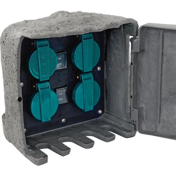 Kültéri elosztódoboz, Strend Pro, 3 m kábel, szürke, 4 aljzat, IP44, kültéri, kőutánzat, sötétedésérzékelő, önzáró fedél, 16 A