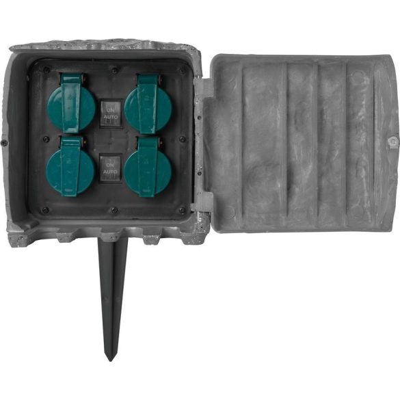 Kültéri elosztódoboz, Strend Pro, 3 m kábel, szürke, 4 aljzat, IP44, kültéri, kőutánzat, sötétedésérzékelő, önzáró fedél, 16 A