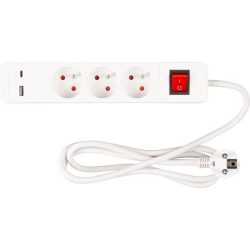   USB-s hosszabbítós elosztó kapcsolóval, Strend Pro LG-FB603K, 1,4 m, fehér, 3 aljzat, 16 A, 1,5 mm2, USB-A és USB-C töltőportok (5,2 V)