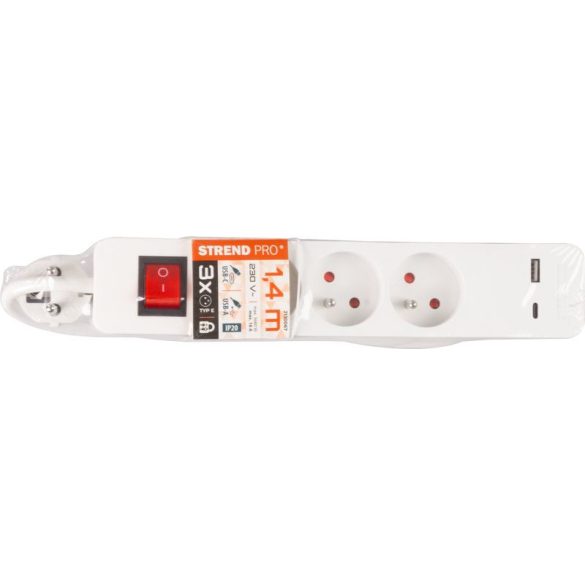 USB-s hosszabbítós elosztó kapcsolóval, Strend Pro LG-FB603K, 1,4 m, fehér, 3 aljzat, 16 A, 1,5 mm2, USB-A és USB-C töltőportok (5,2 V)