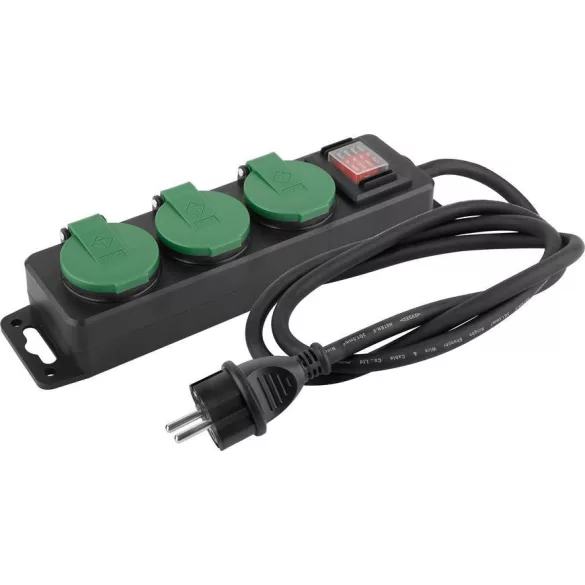 Kültéri hosszabbítós elosztó kapcsolóval, Strend Pro FS0701, 3 m, fekete, 3 aljzat, 1,5mm2, IP44, kültéri, fedeles aljzatok, 16 A