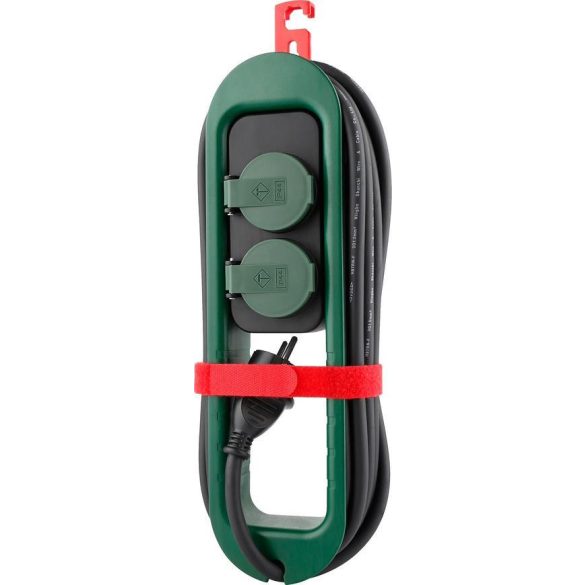 Kültéri hosszabbítós elosztó, Strend Pro FS0701, 3,2 m, fekete, 2 aljzat, 1,5 mm2, IP44, kültéri, fedeles aljzatok, kábeltekercselő, akasztó, maximum 16 A