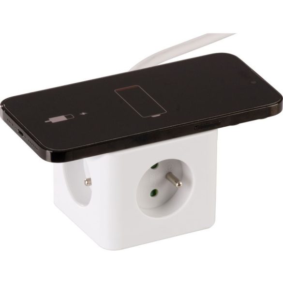 USB-s hosszabbítós elosztó, Strend Pro, 1,4 m, fehér, 3 aljzat, USB-C, 2 x USB-A 5 V, vezeték nélküli töltés, kocka