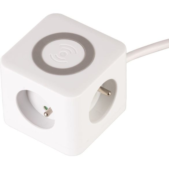 USB-s hosszabbítós elosztó, Strend Pro, 1,4 m, fehér, 3 aljzat, USB-C, 2 x USB-A 5 V, vezeték nélküli töltés, kocka