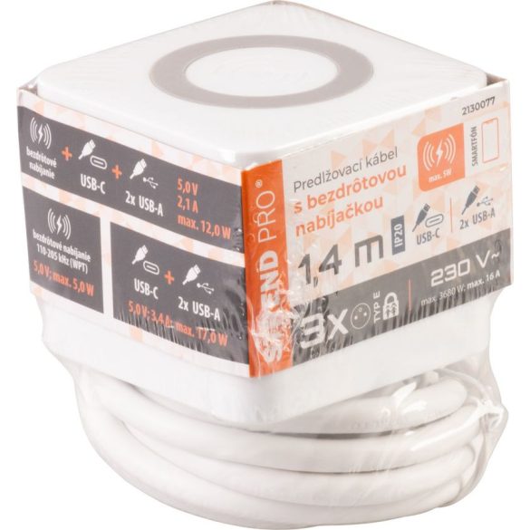 USB-s hosszabbítós elosztó, Strend Pro, 1,4 m, fehér, 3 aljzat, USB-C, 2 x USB-A 5 V, vezeték nélküli töltés, kocka