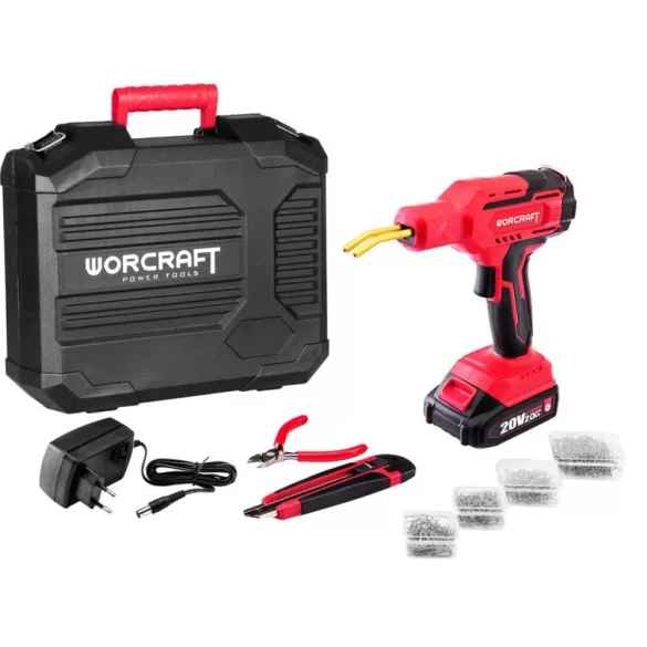 Akkumulátoros műanyaghegesztő pisztoly, Worcraft CPW-S20LiM ShareSYS, piros/fekete, 60 W, 400 db kapoccsal, fogóval és letörő késsel, 20 V 2 Ah Li-Ion, műanyag hordtáskában, akkumulátorral és töltővel