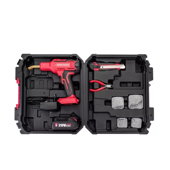 Akkumulátoros műanyaghegesztő pisztoly, Worcraft CPW-S20LiM ShareSYS, piros/fekete, 60 W, 400 db kapoccsal, fogóval és letörő késsel, 20 V 2 Ah Li-Ion, műanyag hordtáskában, akkumulátorral és töltővel