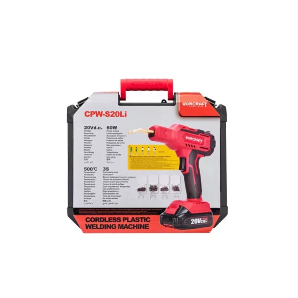 Akkumulátoros műanyaghegesztő pisztoly, Worcraft CPW-S20LiM ShareSYS, piros/fekete, 60 W, 400 db kapoccsal, fogóval és letörő késsel, 20 V 2 Ah Li-Ion, műanyag hordtáskában, akkumulátorral és töltővel