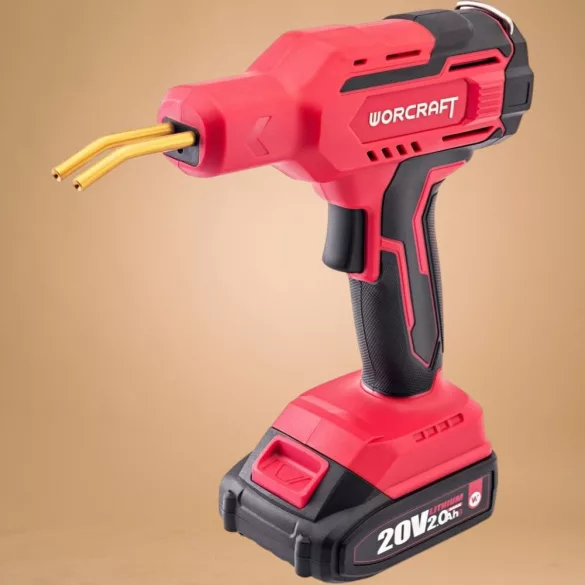 Akkumulátoros műanyaghegesztő pisztoly, Worcraft CPW-S20LiM ShareSYS, piros/fekete, 60 W, 400 db kapoccsal, fogóval és letörő késsel, 20 V 2 Ah Li-Ion, műanyag hordtáskában, akkumulátorral és töltővel