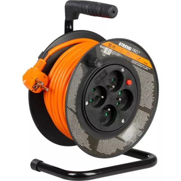 Kábeldob, Strend Pro DG-FB04, 15 m, narancssárga, 4 aljzat, 230 V, 1,5 mm2, maximum 3000 W